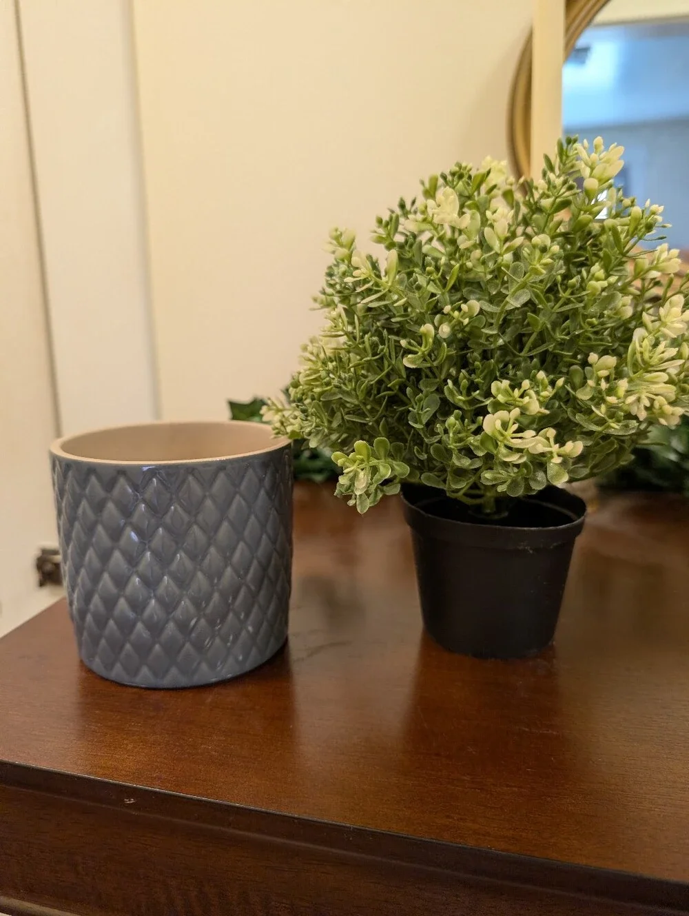 IKEA Gray Quilted Planter with Green Faux Blooms Plant